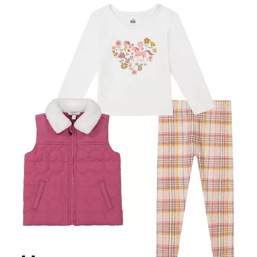 New! Toddler Pink Quilted Vest, Floral Heart Tee & Plaid Leggings Set, 12 months